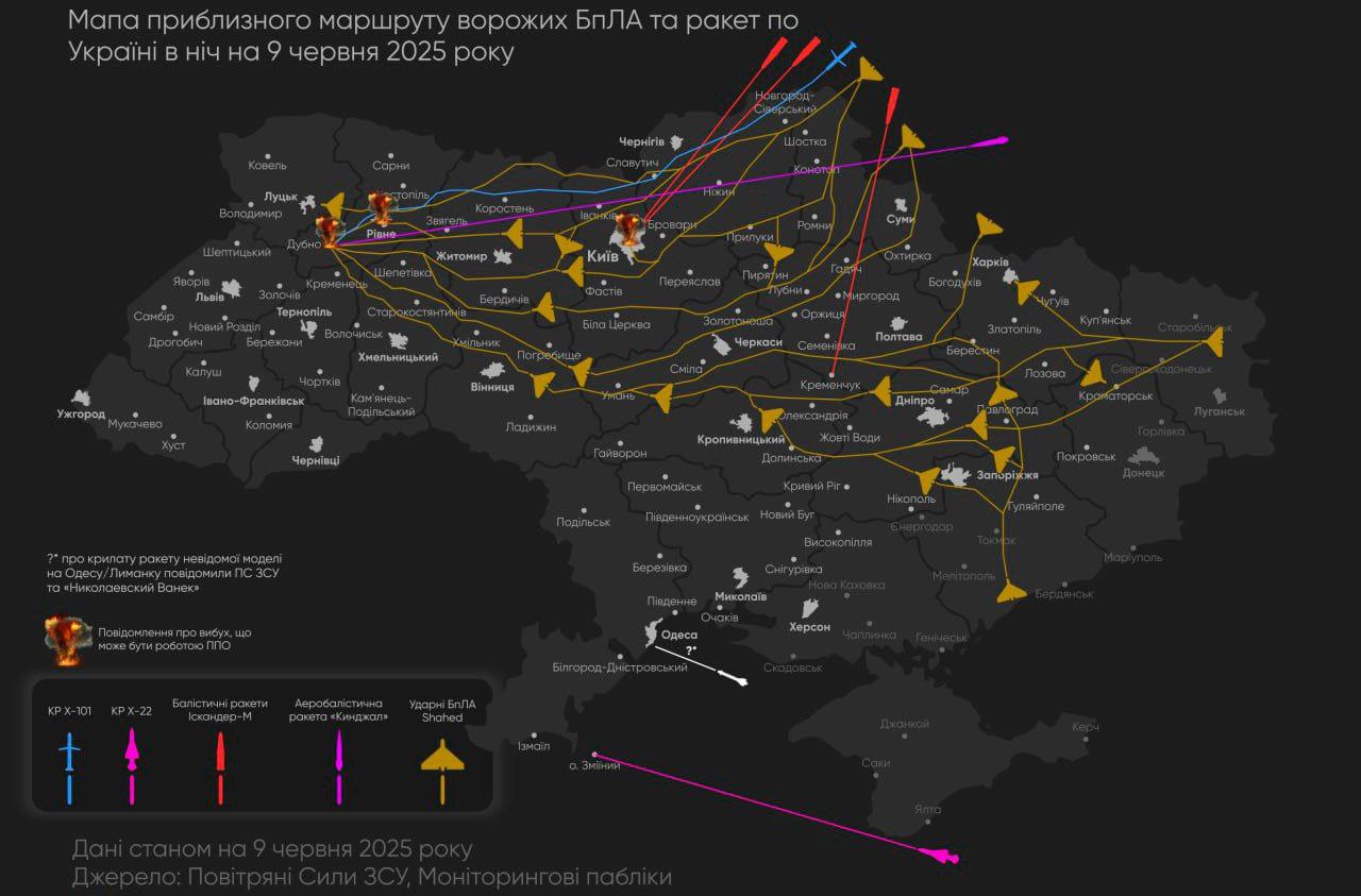 Šematski prikaz taktičke primene dronova kamikaza Geranja tokom masovnih udara po Ukrajini 9. juna 2025. godine.