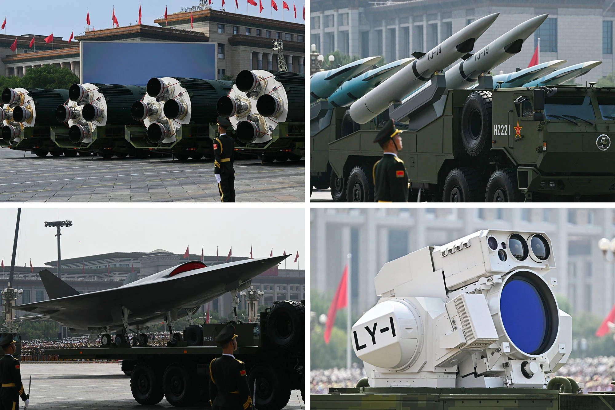 U smeru kazaljke na satu od gore levo: interkontinentalne balističke rakete DF-5C, hipersonične krstareće rakete YJ-19, laser LY-1 i bespilotna letelica.