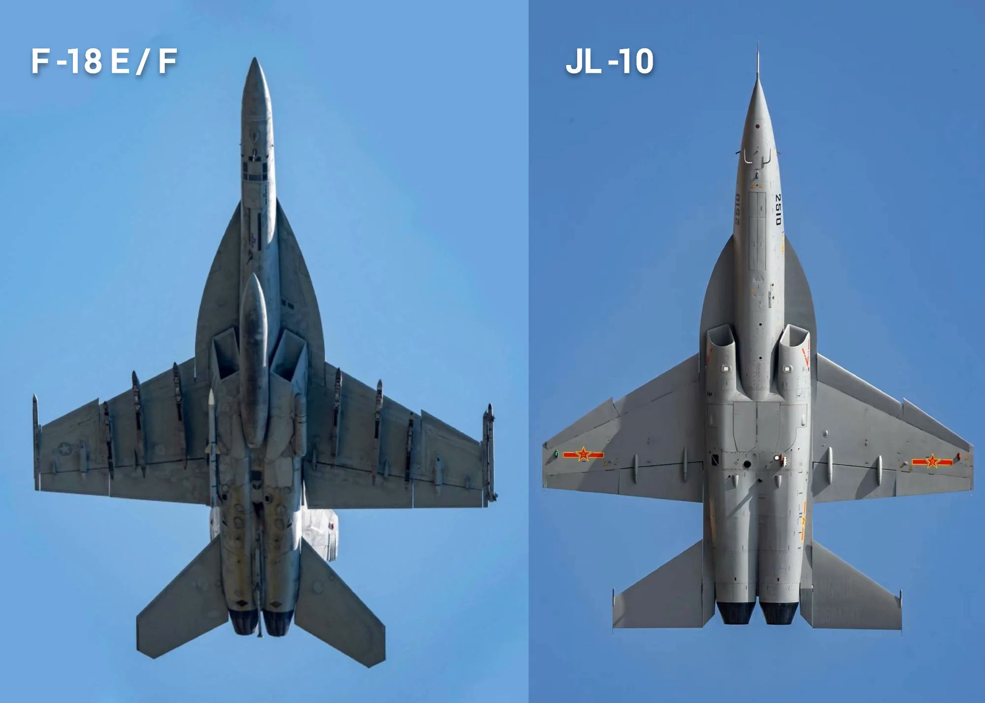 Uporedni pregled izgleda američkog palubnog borbenog aviona F/A-18 i kineskog borbeno-trenažnog aviona JL-10 ukazuje na značajnu sličnost u dizajnu