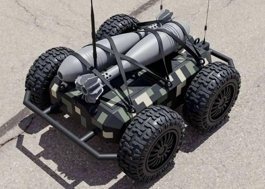 Ukrajinski UGV kamikaza "Ratel-S" naoružan sa dve minobacačke mine 120 mm, umesto njih koriste se i protivtenkovske mine TM-62