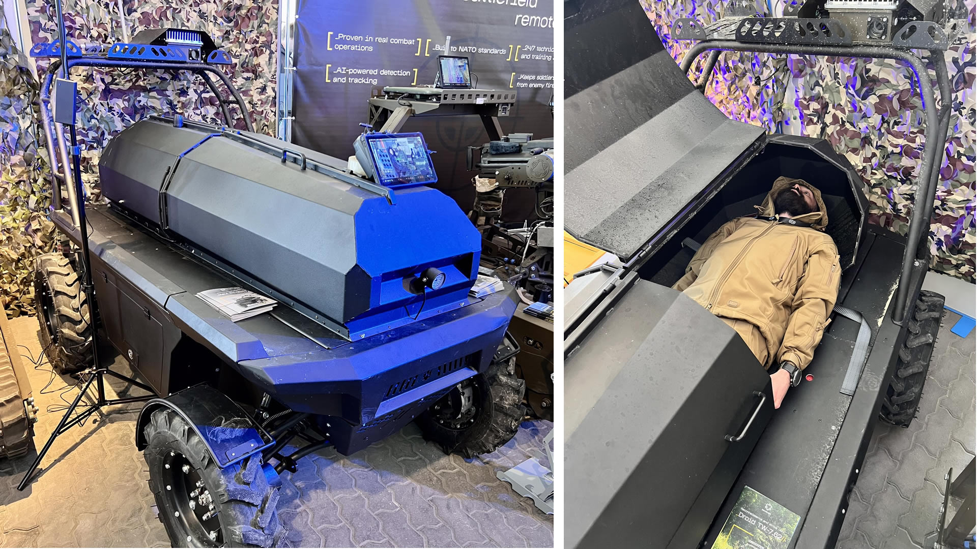 Ukrajinski UGV "Maul EVAC" sa zaštitnom kapsulom namenjen sanitetskoj evakuaciji povređenih i obolelih sa linije fronta