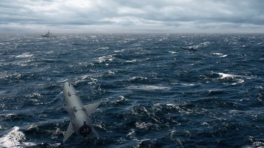 Ilustracija leta rakete RBS15 u niskoletećem profilu leta "Sea-skimming"