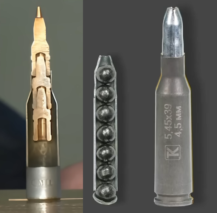 Ruska antidron municija u kalibru 5.45 mm, levo Mnogotočije, desno sa sačmom.