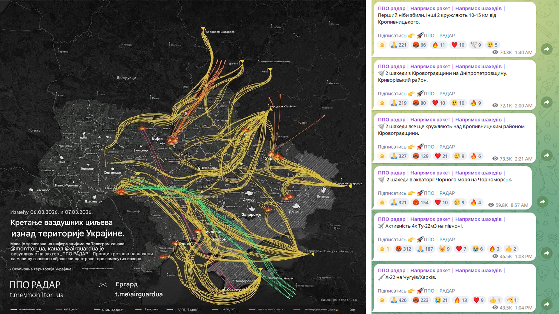 Karta naleta ruskih dronova kamikaza Geranj 2 i raketa na ciljeve u Ukrajini tokom noći 6/7. marta 2026. godine